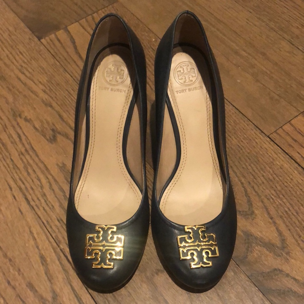 Tory Burch Wedge Logo Heel Navy Blue